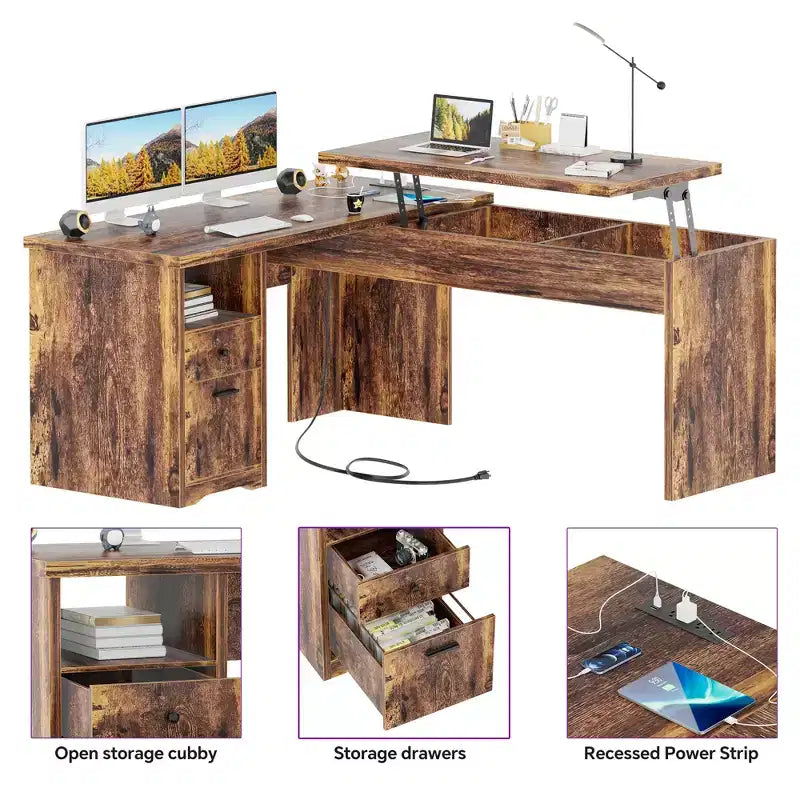 Besiost Bureau d'ordinateur à plateau relevable de 56 pouces avec tiroirs et prises de courant, Plateau relevable