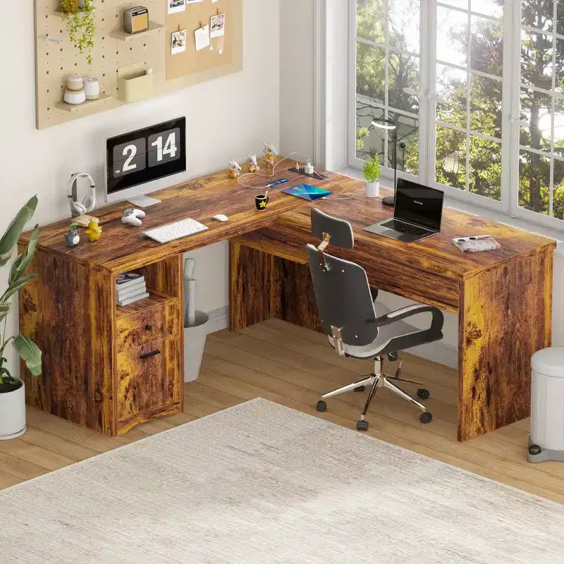 Besiost Bureau d'ordinateur à plateau relevable de 56 pouces avec tiroirs et prises de courant, Plateau relevable