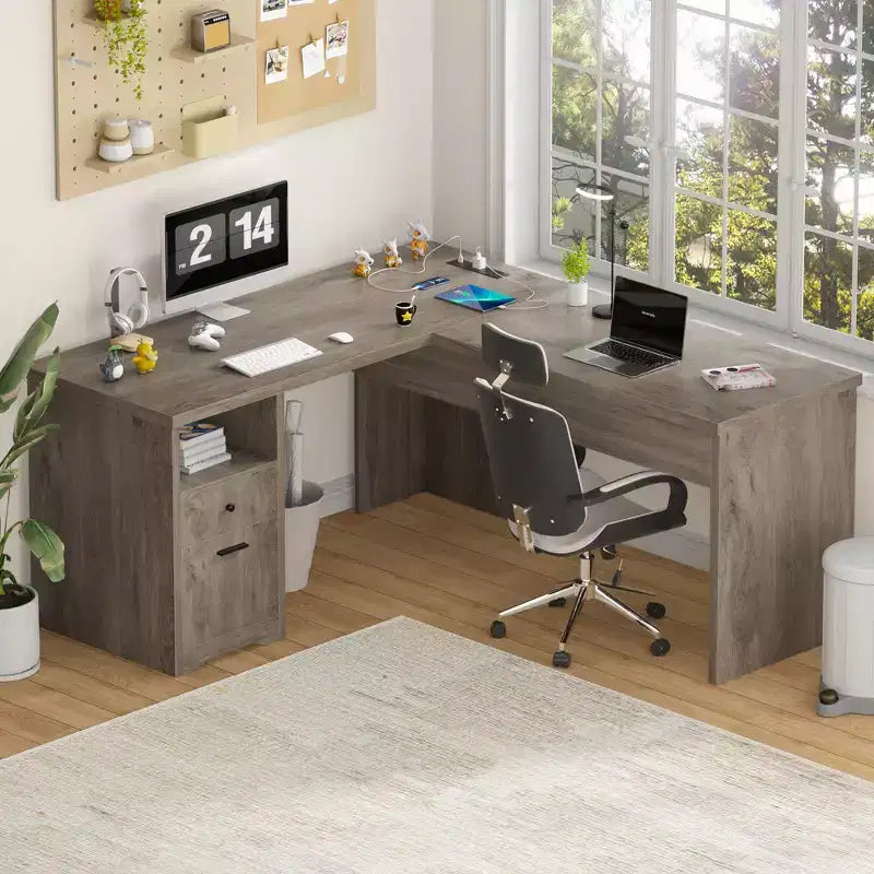 Besiost Bureau d'ordinateur à plateau relevable de 56 pouces avec tiroirs et prises de courant, Plateau relevable