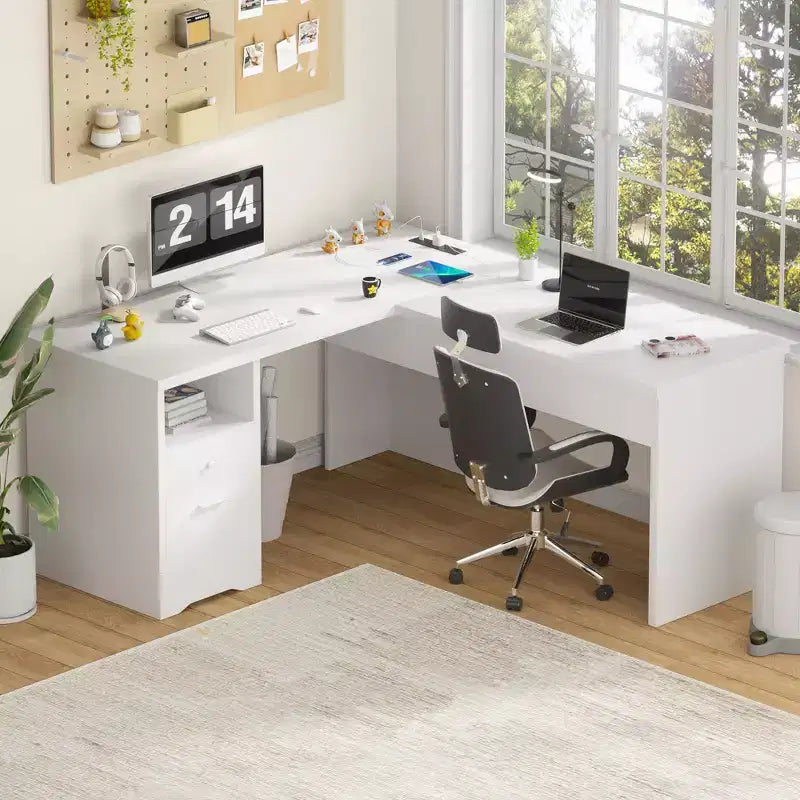 Besiost Bureau d'ordinateur à plateau relevable de 56 pouces avec tiroirs et prises de courant, Plateau relevable