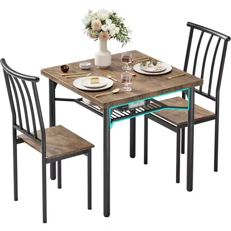 Ensemble table à manger et 2 chaises avec pieds réglables, table carrée rustique en bois 3 pièces et 2 chaises avec casier à vin sous la table pour