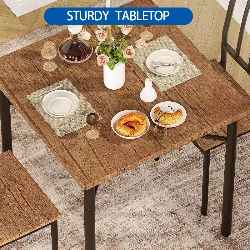 Ensemble table à manger et 2 chaises avec pieds réglables, table carrée rustique en bois 3 pièces et 2 chaises avec casier à vin sous la table pour