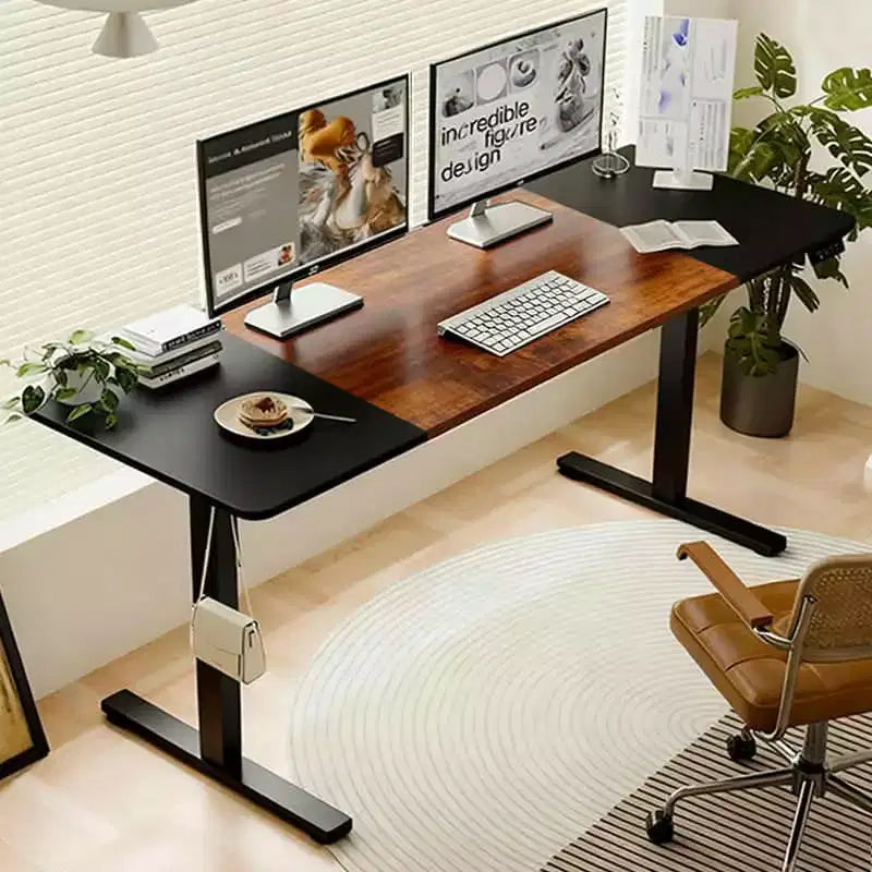 MAYEERTY Double Beam Single Motor 55 Electric Standing Desk Height Adjustable Desk for Home and Office Desk Frame with Sliced Board Black and Brown