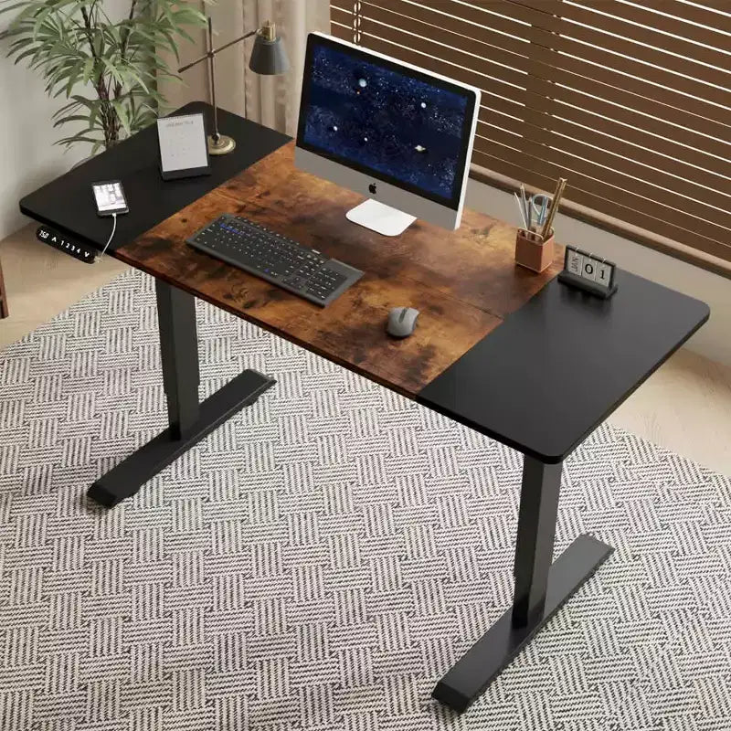 MAYEERTY Bureau assis-debout électrique à hauteur réglable avec double poutre et moteur unique de 55", cadre de bureau pour la maison et le bureau avec plateau en tranches, noir et marron
