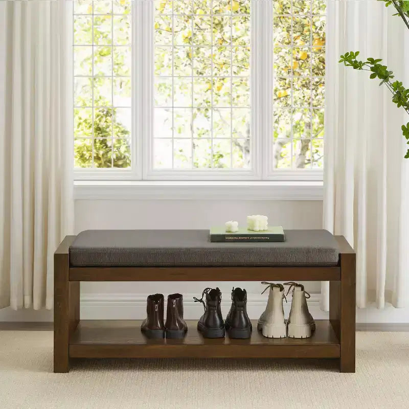Banc d'appoint avec étagère à chaussures inférieure, banc rembourré, banc de bout de lit moderne et compact avec rangement