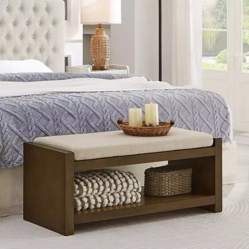 Banc d'appoint avec étagère à chaussures inférieure, banc rembourré, banc de bout de lit moderne et compact avec rangement
