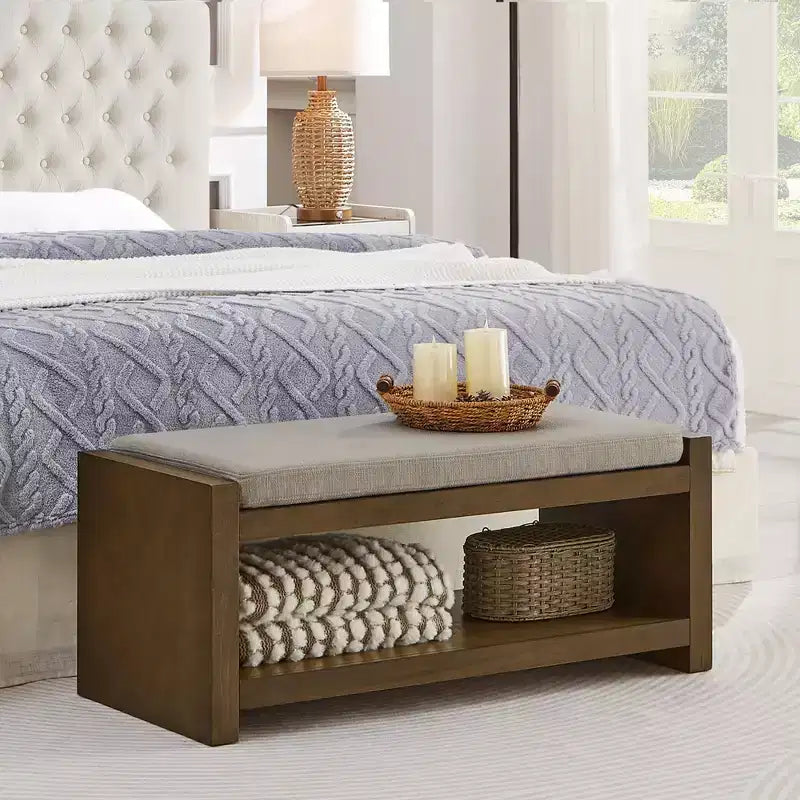 Banc d'appoint avec étagère à chaussures inférieure, banc rembourré, banc de bout de lit moderne et compact avec rangement
