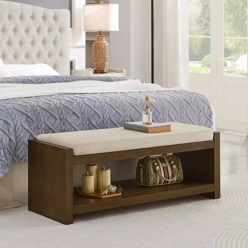 Banc d'appoint avec étagère à chaussures inférieure, banc rembourré, banc de bout de lit moderne et compact avec rangement