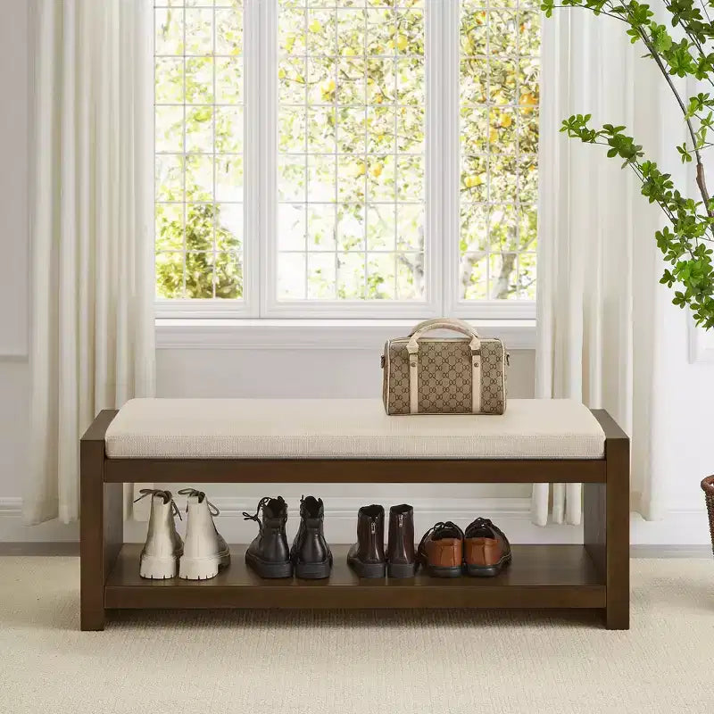 Banc d'appoint avec étagère à chaussures inférieure, banc rembourré, banc de bout de lit moderne et compact avec rangement