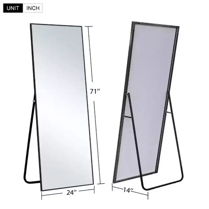 MAYEERTY Miroir pleine longueur rectangulaire noir de 60 x 180 cm à bords fins en alliage d'aluminium avec support pour décoration murale de salon et de chambre à coucher