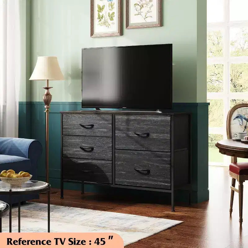 Commode à 5 tiroirs TUYOHW pour chambre, tour de rangement large avec plateau en bois et tiroirs en tissu, organisateur de commode moderne pour salon, chambre, entrée