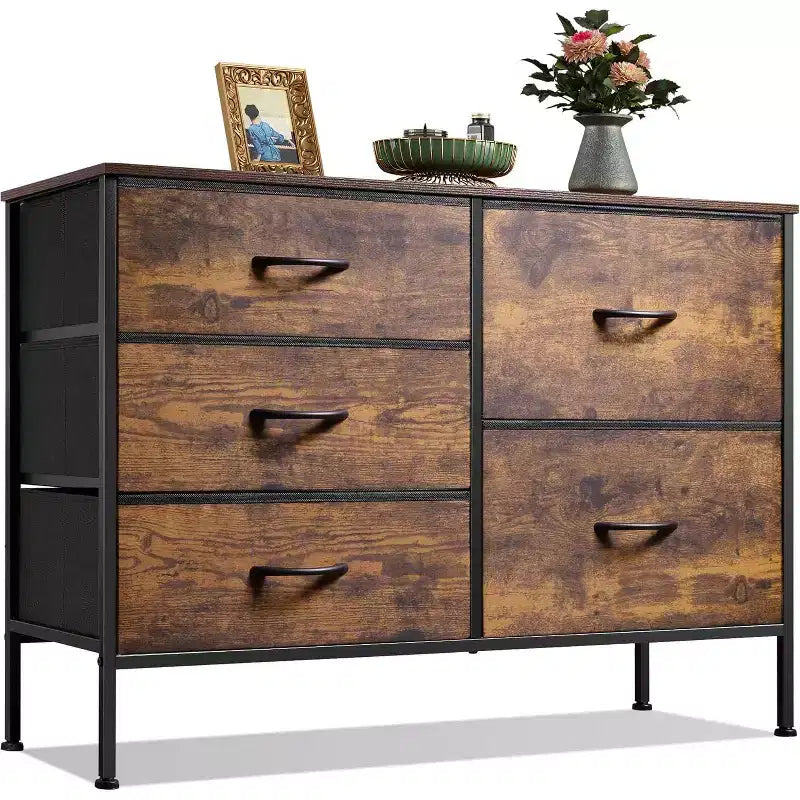 Commode à 5 tiroirs TUYOHW pour chambre, tour de rangement large avec plateau en bois et tiroirs en tissu, organisateur de commode moderne pour salon, chambre, entrée