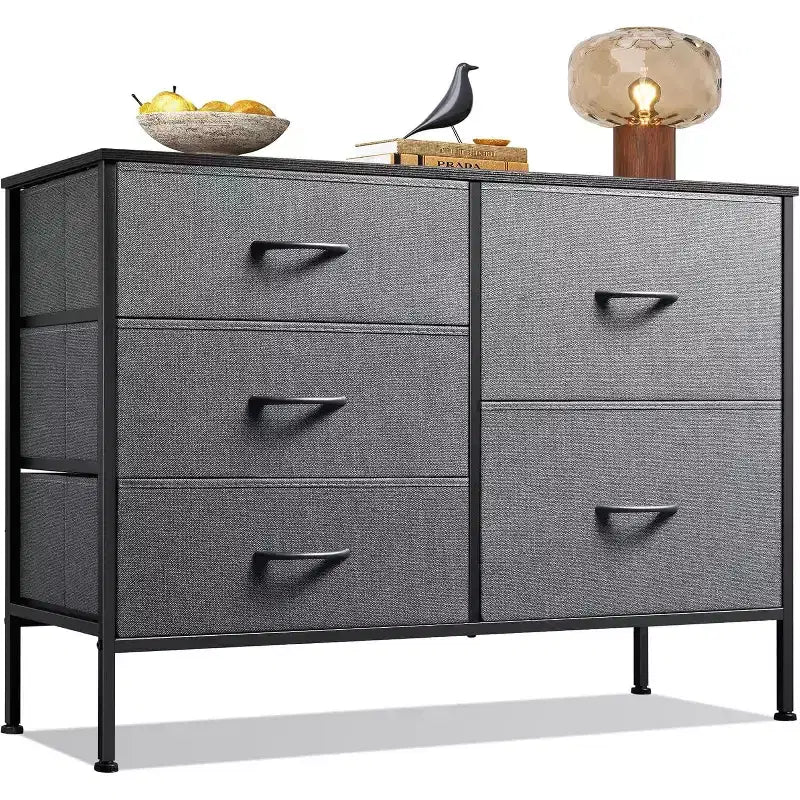 Commode à 5 tiroirs TUYOHW pour chambre, tour de rangement large avec plateau en bois et tiroirs en tissu, organisateur de commode moderne pour salon, chambre, entrée