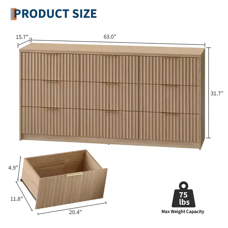 Commode large à 9 tiroirs de 160 cm, plateau imperméable à grain de bois, rails métalliques lisses, meuble TV supportant 34 kg, base stable, poignées faciles à nettoyer pour la maison et la chambre à coucher