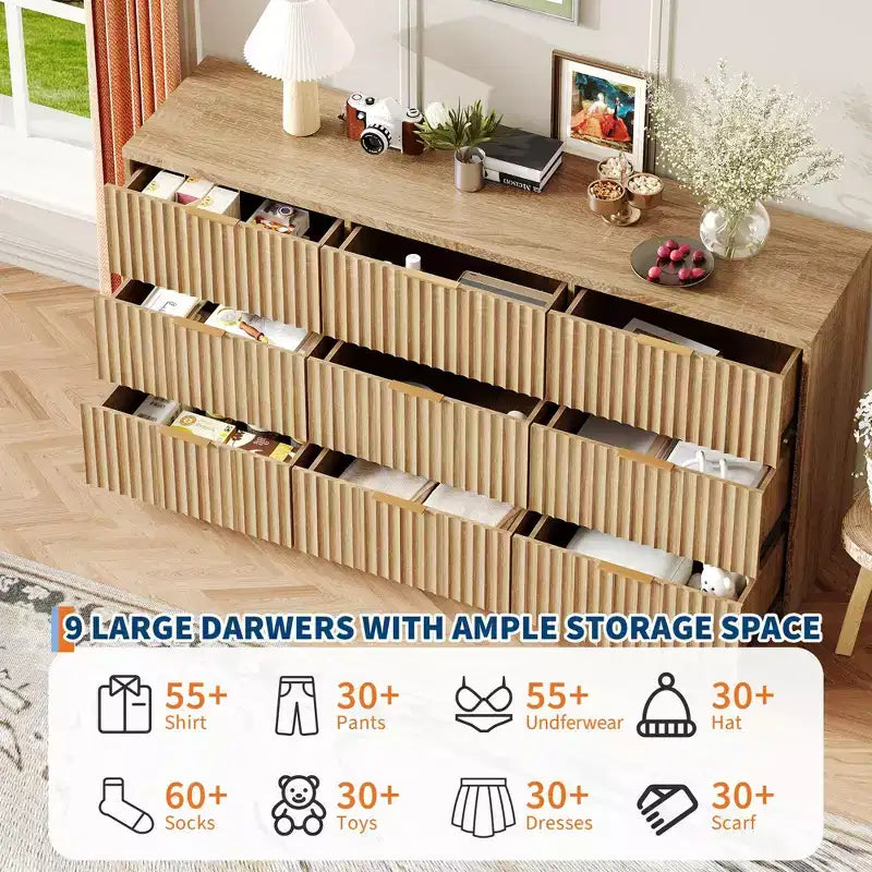 Commode large à 9 tiroirs de 160 cm, plateau imperméable à grain de bois, rails métalliques lisses, meuble TV supportant 34 kg, base stable, poignées faciles à nettoyer pour la maison et la chambre à coucher