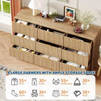 Commode large à 9 tiroirs de 160 cm, plateau imperméable à grain de bois, rails métalliques lisses, meuble TV supportant 34 kg, base stable, poignées faciles à nettoyer pour la maison et la chambre à coucher