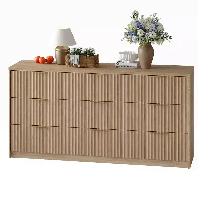 Commode large à 9 tiroirs de 160 cm, plateau imperméable à grain de bois, rails métalliques lisses, meuble TV supportant 34 kg, base stable, poignées faciles à nettoyer pour la maison et la chambre à coucher