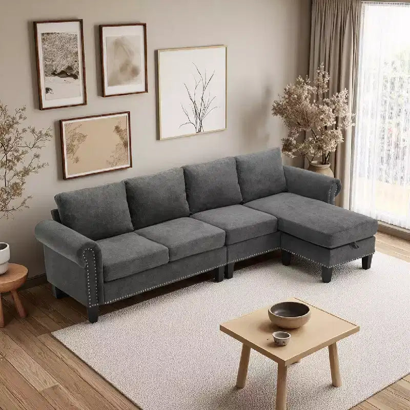 Canapé convertible GDFStudio Yorin 106 moderne 4 places en velours en forme de L avec pouf de rangement