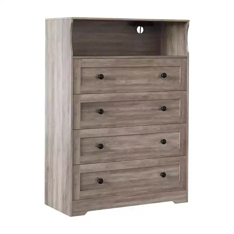 Commode de chambre à 4 tiroirs, commode en bois de 80 cm de large avec station de charge, commode de chevet étroite, organisateur de rangement de vêtements