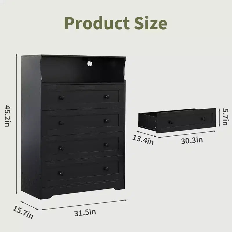 Commode de chambre à 4 tiroirs, commode en bois de 80 cm de large avec station de charge, commode de chevet étroite, organisateur de rangement de vêtements