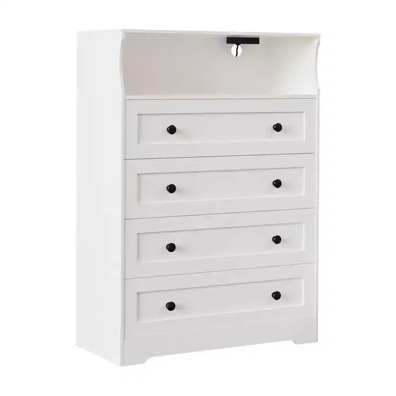Commode de chambre à 4 tiroirs, commode en bois de 80 cm de large avec station de charge, commode de chevet étroite, organisateur de rangement de vêtements