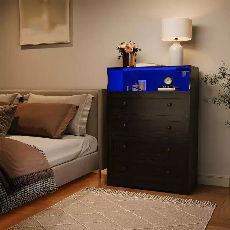 Commode de chambre à 4 tiroirs, commode en bois de 80 cm de large avec station de charge, commode de chevet étroite, organisateur de rangement de vêtements