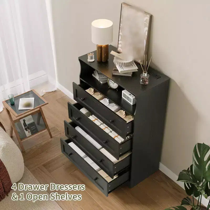 Commode de chambre à 4 tiroirs, commode en bois de 80 cm de large avec station de charge, commode de chevet étroite, organisateur de rangement de vêtements