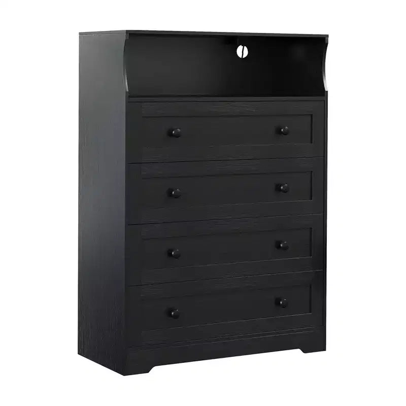 Commode de chambre à 4 tiroirs, commode en bois de 80 cm de large avec station de charge, commode de chevet étroite, organisateur de rangement de vêtements