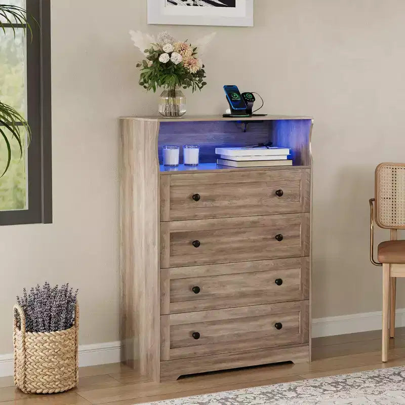 Commode de chambre à 4 tiroirs, commode en bois de 80 cm de large avec station de charge, commode de chevet étroite, organisateur de rangement de vêtements