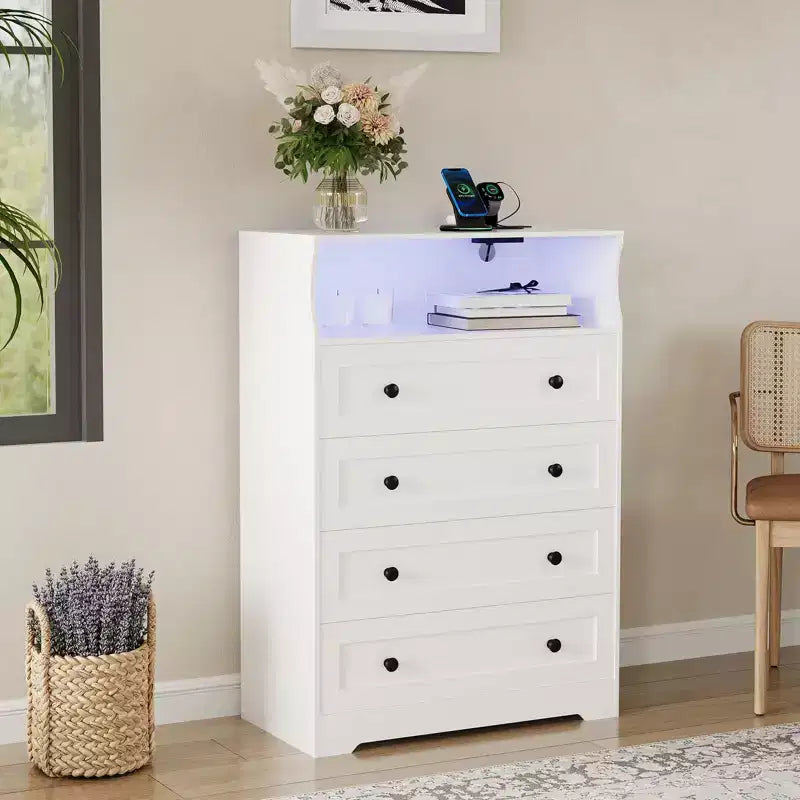 Commode de chambre à 4 tiroirs, commode en bois de 80 cm de large avec station de charge, commode de chevet étroite, organisateur de rangement de vêtements