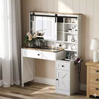 Bureau blanc délavé + marron vintage, panneaux de particules, placage mélaminé, 2 tiroirs et 1 porte, plateau en verre, coiffeuse style porte de grange