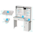 Bureau blanc délavé + marron vintage, panneaux de particules, placage mélaminé, 2 tiroirs et 1 porte, plateau en verre, coiffeuse style porte de grange