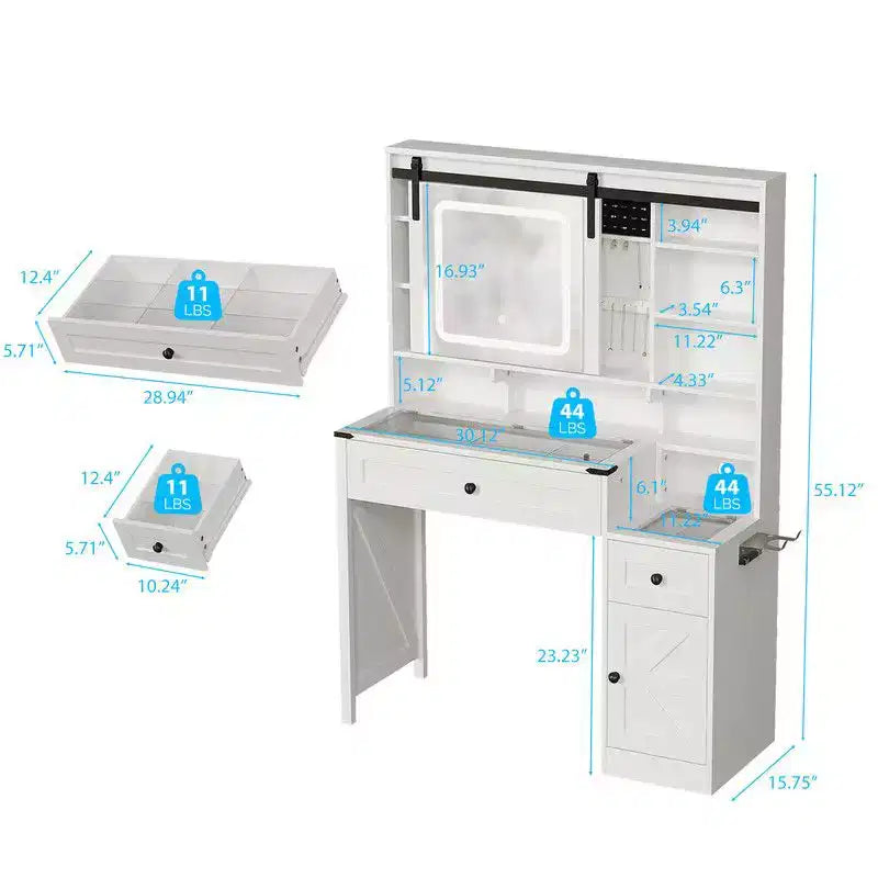 Bureau blanc délavé + marron vintage, panneaux de particules, placage mélaminé, 2 tiroirs et 1 porte, plateau en verre, coiffeuse style porte de grange