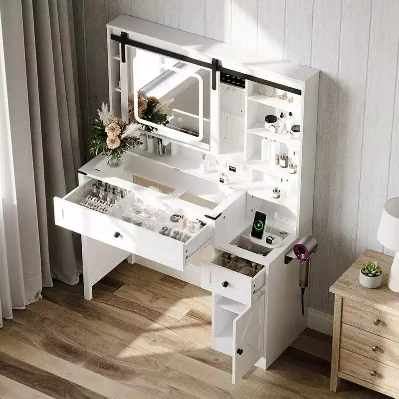 Bureau blanc délavé + marron vintage, panneaux de particules, placage mélaminé, 2 tiroirs et 1 porte, plateau en verre, coiffeuse style porte de grange