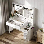 Bureau blanc délavé + marron vintage, panneaux de particules, placage mélaminé, 2 tiroirs et 1 porte, plateau en verre, coiffeuse style porte de grange