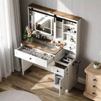 Bureau blanc délavé + marron vintage, panneaux de particules, placage mélaminé, 2 tiroirs et 1 porte, plateau en verre, coiffeuse style porte de grange