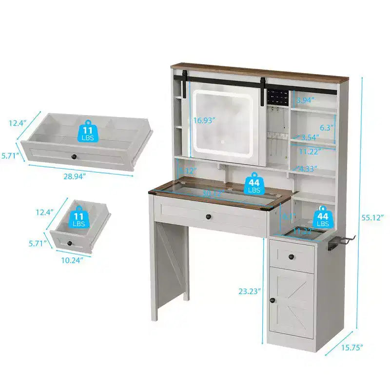 Bureau blanc délavé + marron vintage, panneaux de particules, placage mélaminé, 2 tiroirs et 1 porte, plateau en verre, coiffeuse style porte de grange