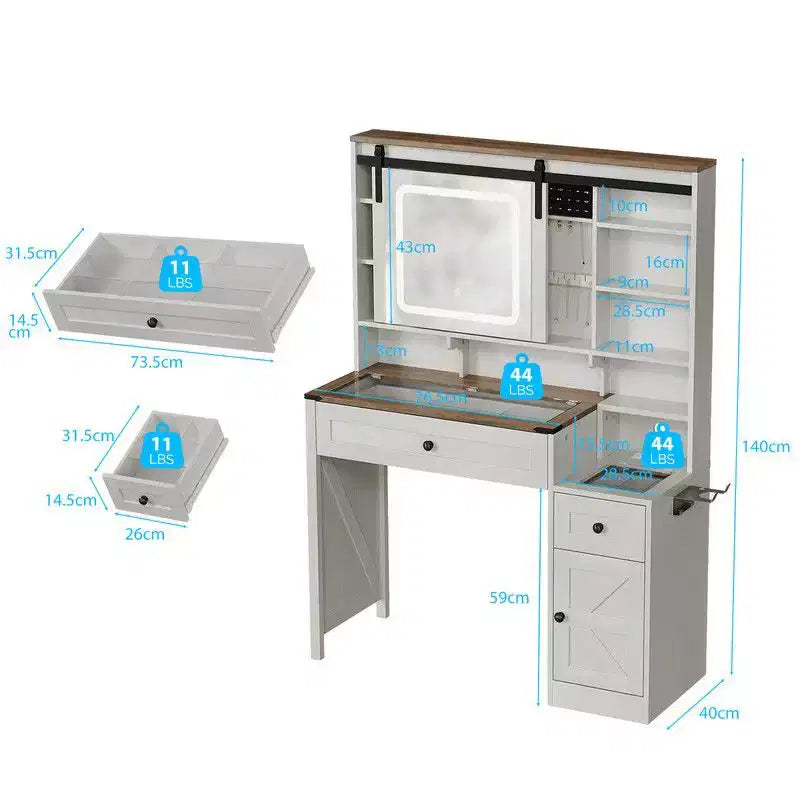 Bureau blanc délavé + marron vintage, panneaux de particules, placage mélaminé, 2 tiroirs et 1 porte, plateau en verre, coiffeuse style porte de grange