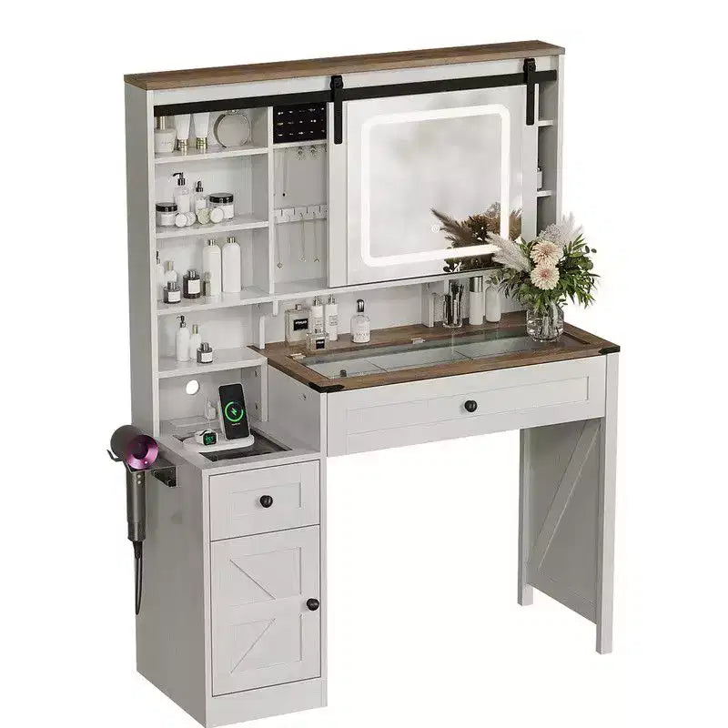 Bureau blanc délavé + marron vintage, panneaux de particules, placage mélaminé, 2 tiroirs et 1 porte, plateau en verre, coiffeuse style porte de grange