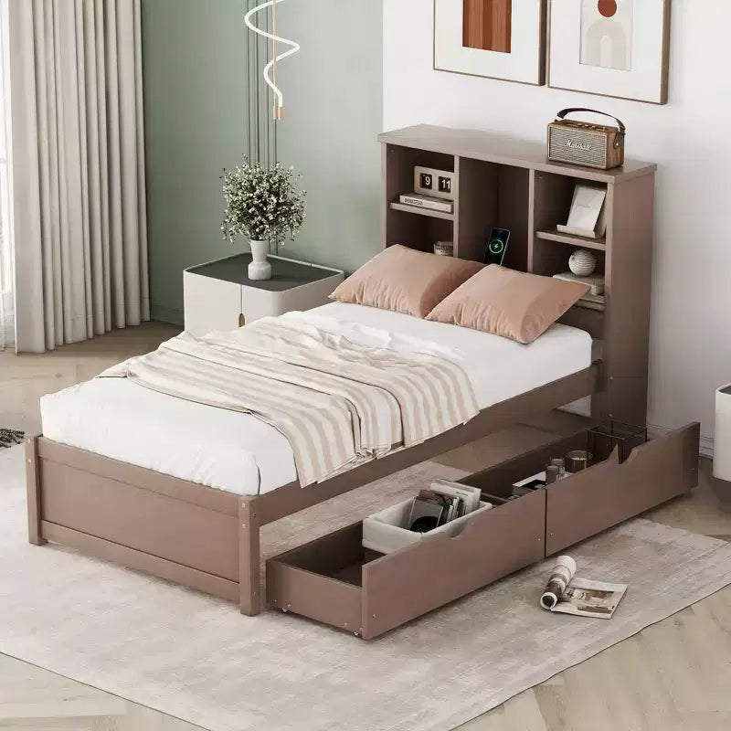 Cadre de lit moderne double Okak avec tête de lit de rangement en bois et LED/USB intégrés, lit plateforme bibliothèque pour chambre d'enfant/d'adulte.