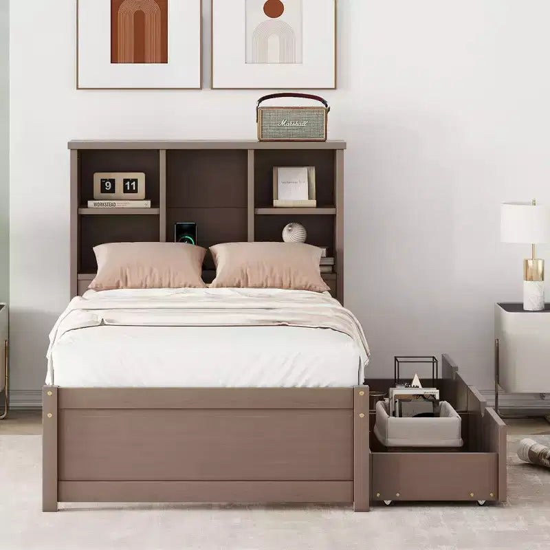 Cadre de lit moderne double Okak avec tête de lit de rangement en bois et LED/USB intégrés, lit plateforme bibliothèque pour chambre d'enfant/d'adulte.