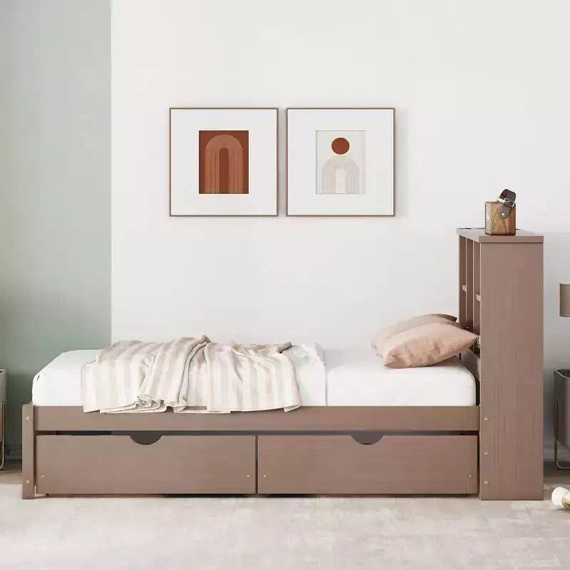 Cadre de lit moderne double Okak avec tête de lit de rangement en bois et LED/USB intégrés, lit plateforme bibliothèque pour chambre d'enfant/d'adulte.