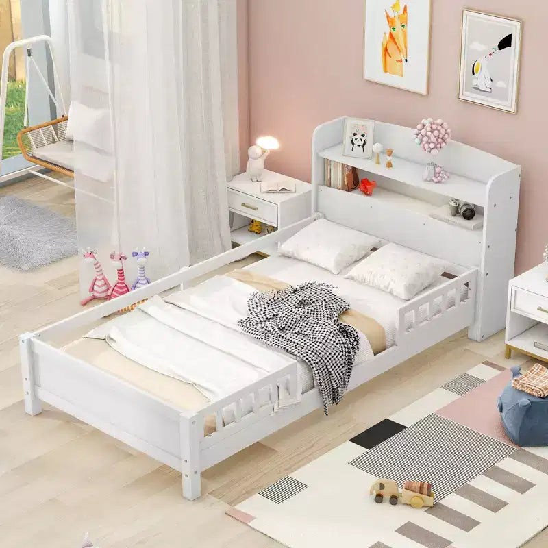 Cadre de lit moderne double Okak avec tête de lit de rangement en bois et LED/USB intégrés, lit plateforme bibliothèque pour chambre d'enfant/d'adulte.