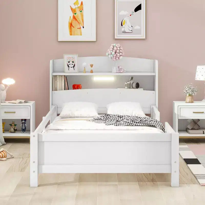 Cadre de lit moderne double Okak avec tête de lit de rangement en bois et LED/USB intégrés, lit plateforme bibliothèque pour chambre d'enfant/d'adulte.