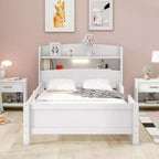Cadre de lit moderne double Okak avec tête de lit de rangement en bois et LED/USB intégrés, lit plateforme bibliothèque pour chambre d'enfant/d'adulte.