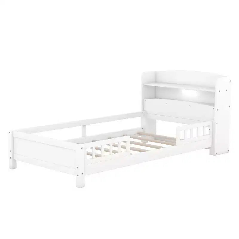 Cadre de lit moderne double Okak avec tête de lit de rangement en bois et LED/USB intégrés, lit plateforme bibliothèque pour chambre d'enfant/d'adulte.