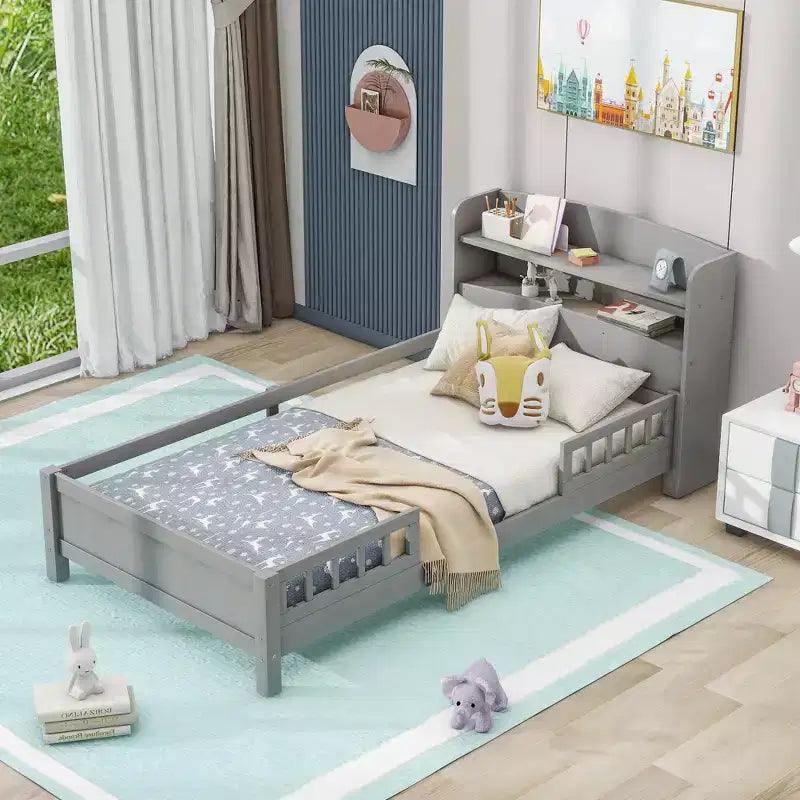 Cadre de lit moderne double Okak avec tête de lit de rangement en bois et LED/USB intégrés, lit plateforme bibliothèque pour chambre d'enfant/d'adulte.
