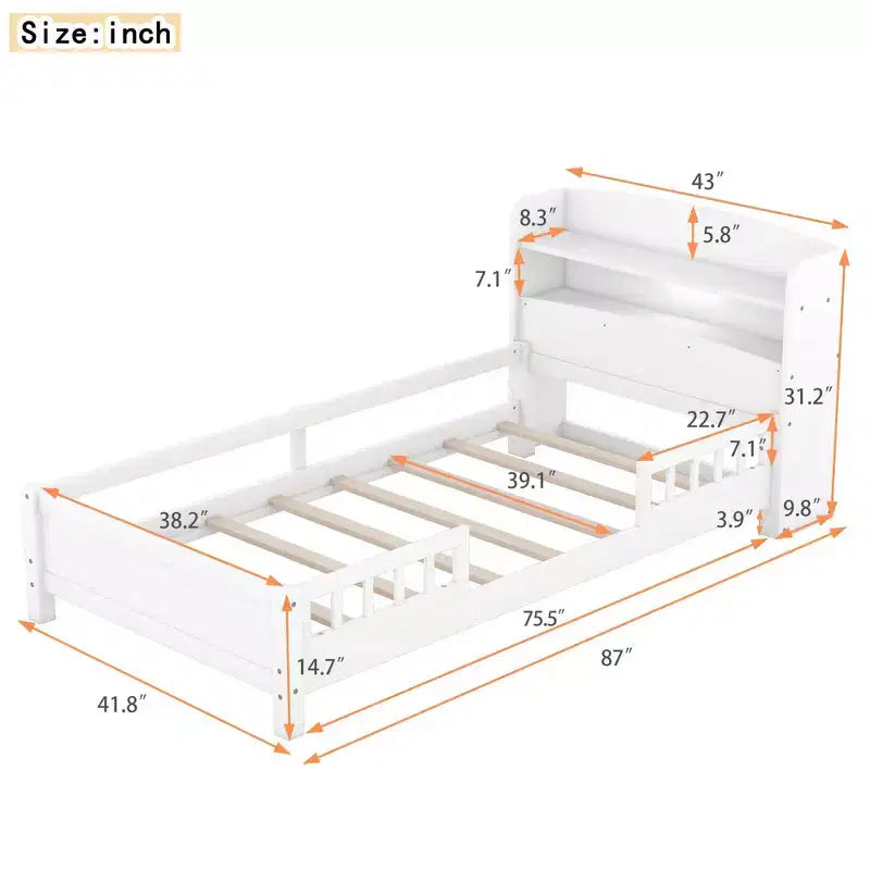 Cadre de lit moderne double Okak avec tête de lit de rangement en bois et LED/USB intégrés, lit plateforme bibliothèque pour chambre d'enfant/d'adulte.