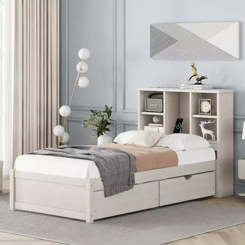 Cadre de lit moderne double Okak avec tête de lit de rangement en bois et LED/USB intégrés, lit plateforme bibliothèque pour chambre d'enfant/d'adulte.