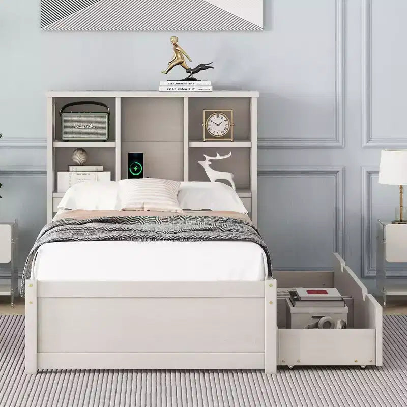 Cadre de lit moderne double Okak avec tête de lit de rangement en bois et LED/USB intégrés, lit plateforme bibliothèque pour chambre d'enfant/d'adulte.